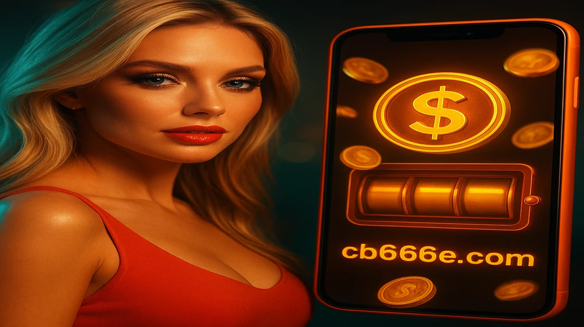 cb666 এর একটি মনোহর সোনালি চুলের নারী, নরম কমলা টপ পরা, একটি স্মার্টফোন ধরে আছেন; এতে cb666 এর সোনালি কয়েন-থিমা গেম চলছে, তাঁর চারপাশে ডিজিটাল কয়েন ভেসে উঠছে।