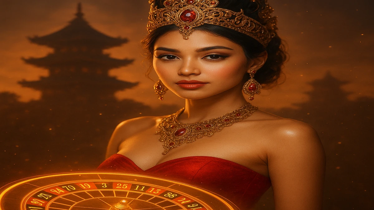একটি অত্যন্ত সুন্দর এশীয় নারী ঐতিহ্যবাহী পোশাক ও জটিল অলংকার পরিহিত, শান্ত মন্দিরের সামনে দাঁড়িয়ে; cb666 ব্র্যান্ড-চিহ্নটি সামনে স্পষ্টভাবে দেখা যাচ্ছে।