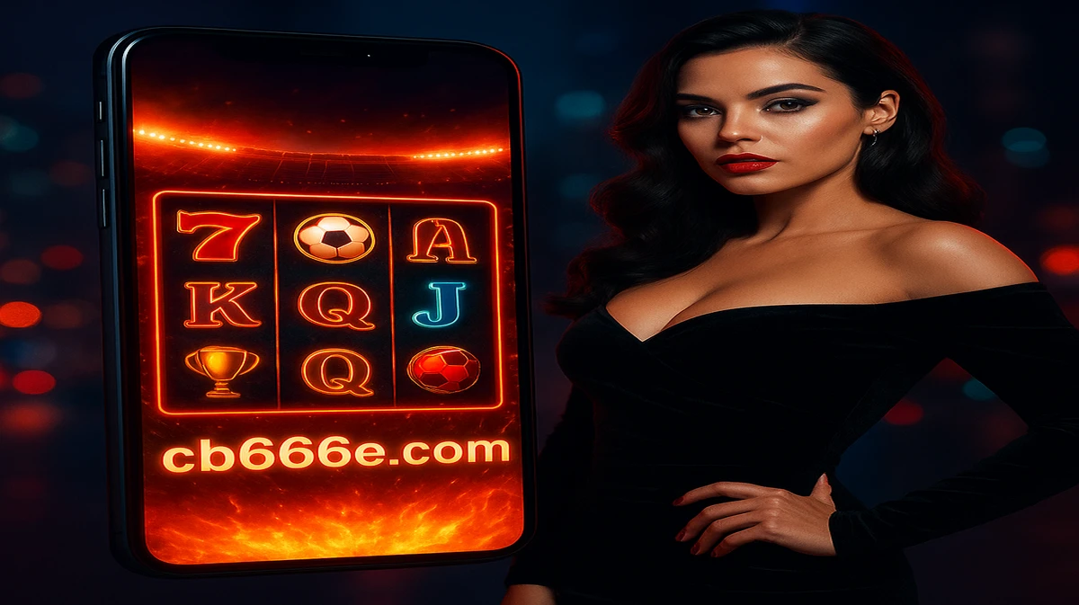 লাল লিপস্টিক পরা একটি সুন্দর নারী cb666 মবাইল গেম ইন্টারফেসটি দেখাতে একটি স্মার্টফোন ধারণ করেছেন, ভিড়ভরা একটি ক্রীড়া স্টেডিয়ামে জ্বলন্ত মাঠের পাশে দৃশ্যমান।